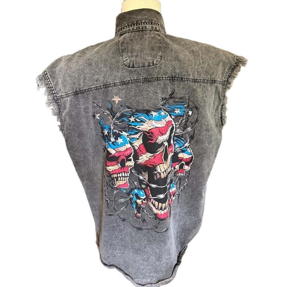 Leather Supreme Men's 2XL Acid Wash Denim Sleeveless Skull Graphic Vest
